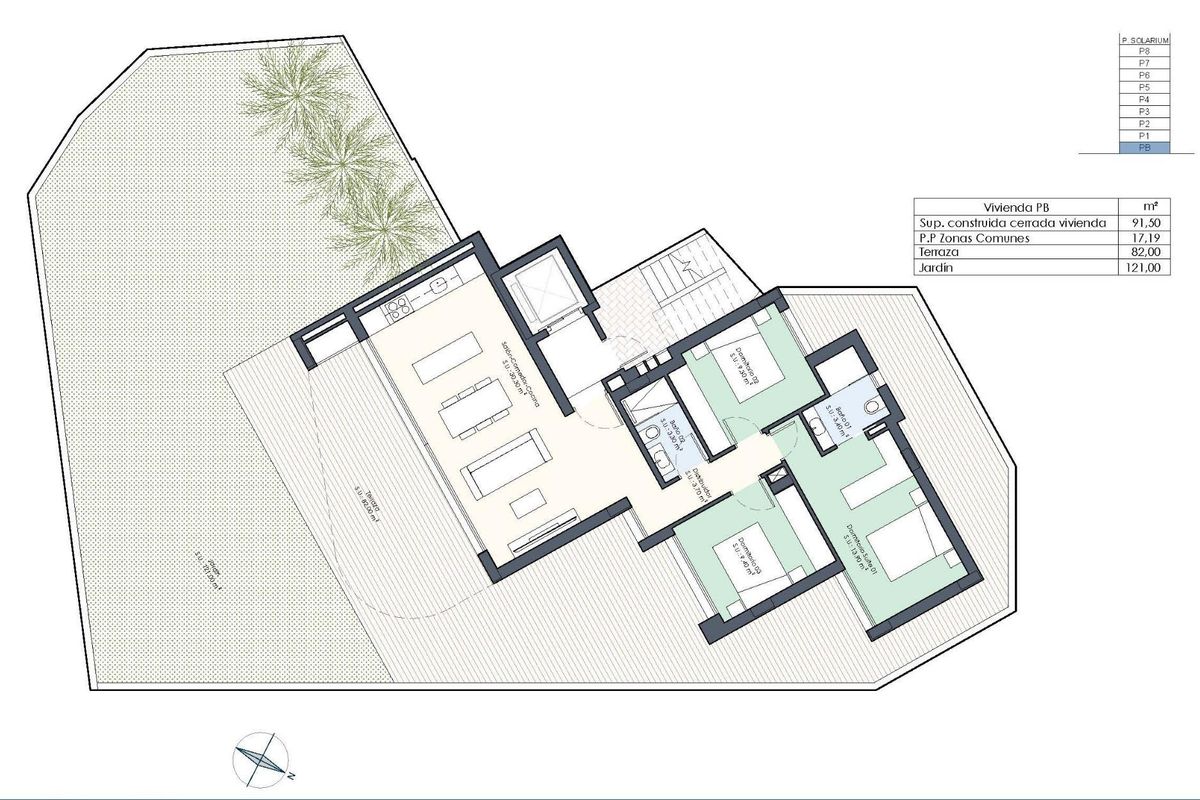 Plattegrond van een appartement met 3 slaapkamers op de begane grond in Guardamar del Segura met tuinruimte.