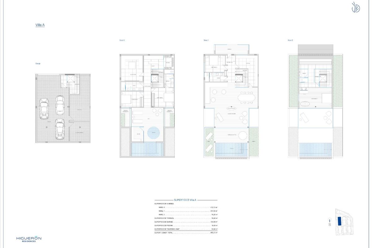 Plattegrond van een villa aan de costa del sol met meerdere verdiepingen met terrassen, slaapkamers, woonkamer, tuin en zwembad.