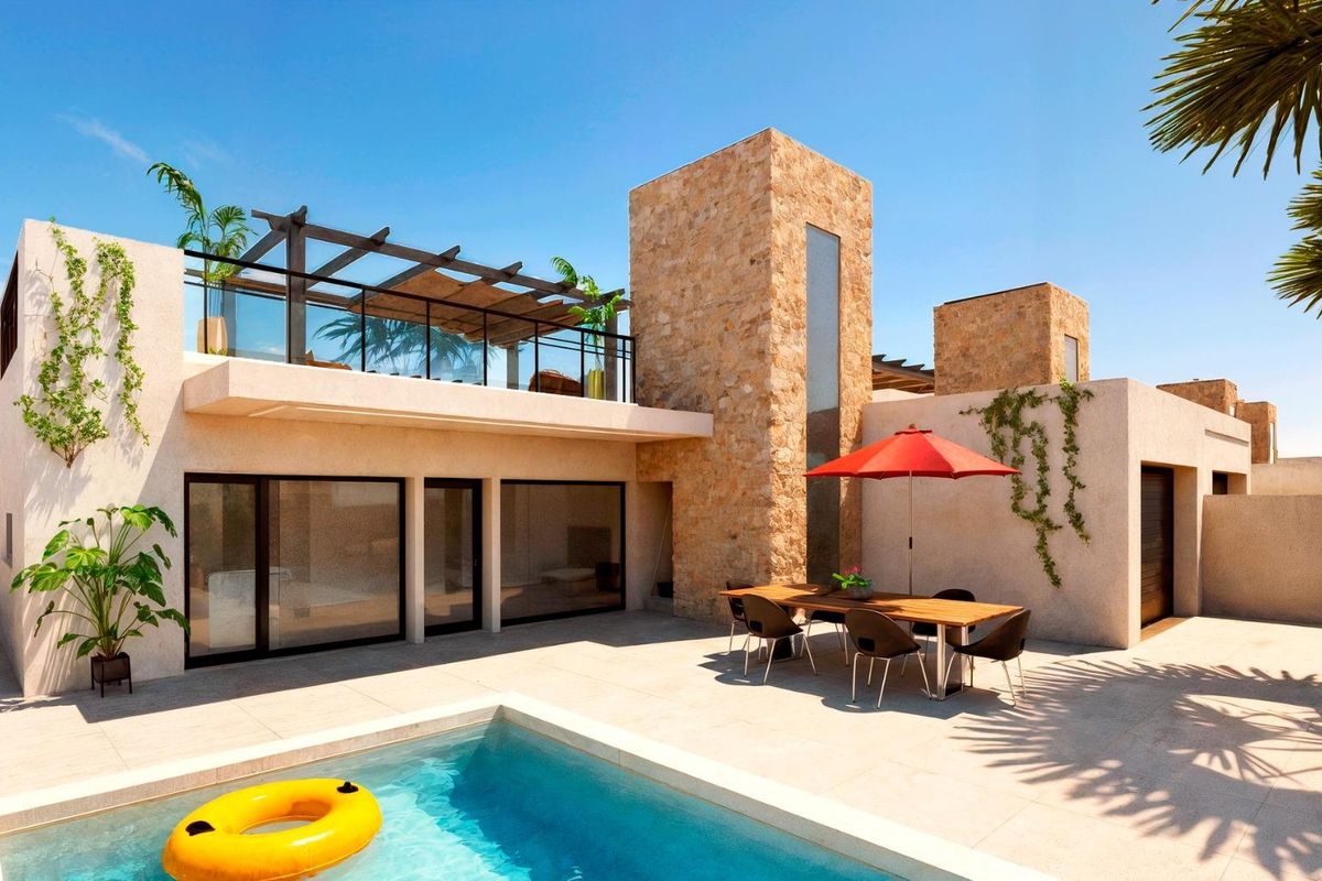 Buitenkant van een moderne villa met 3 slaapkamers in Fuente Álamo, met een zwembad en eetgedeelte buiten.