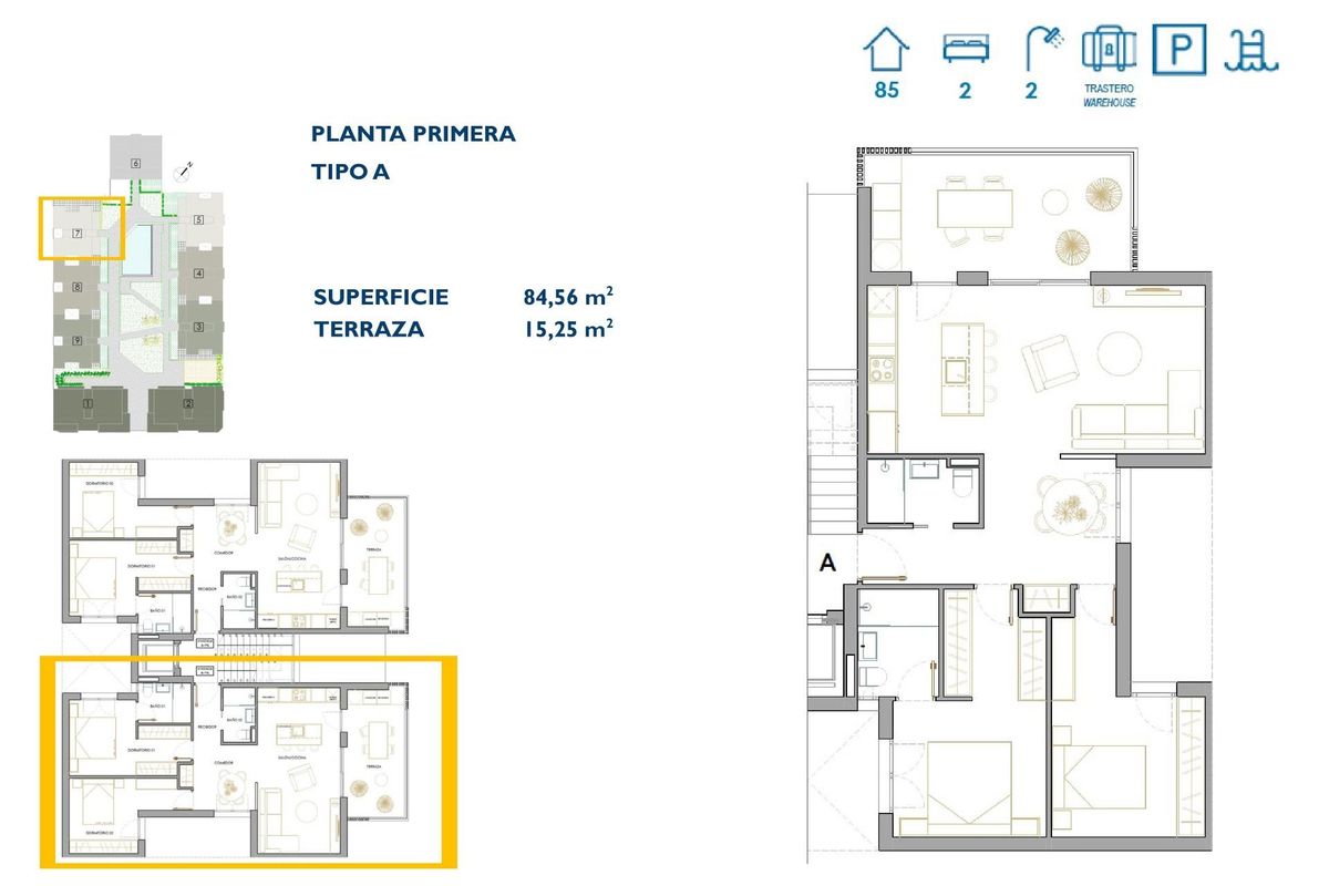 Plattegrond van een 2-slaapkamer appartement in een modern gebouw in San Pedro del Pinatar met indelingsdetails.