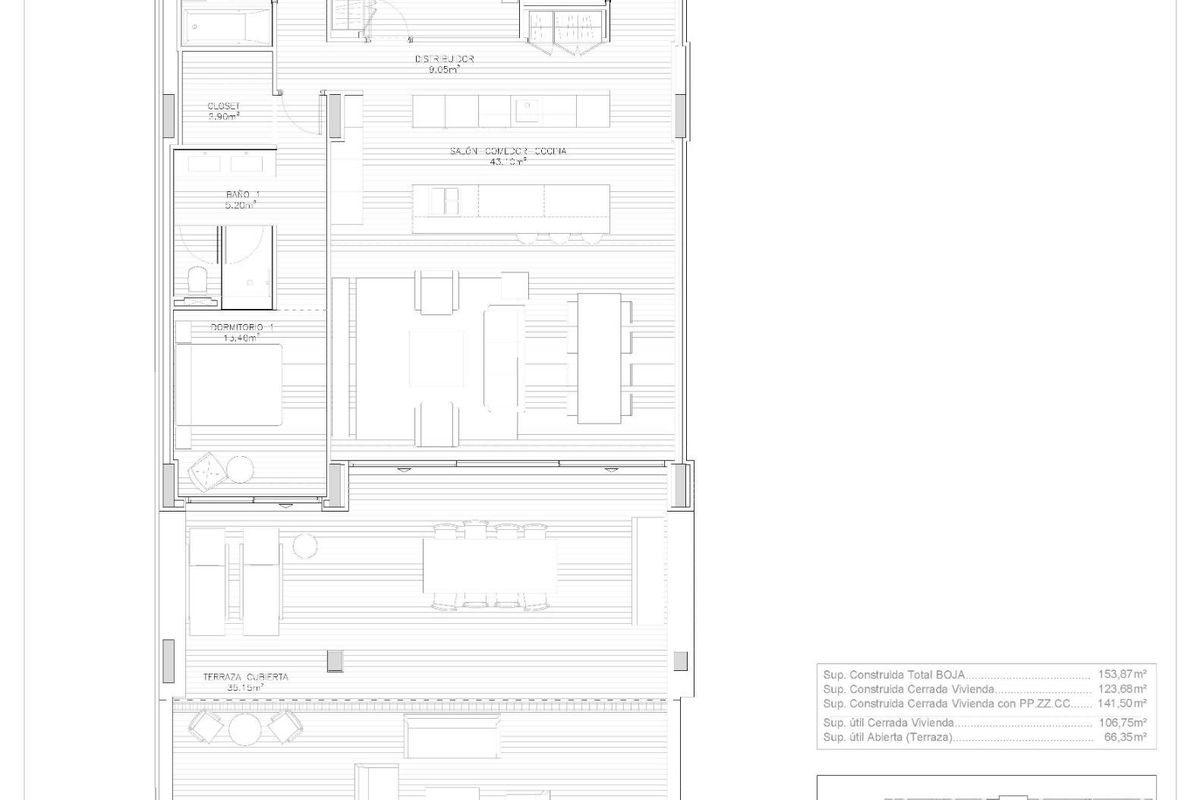 Plattegrond van een 3-slaapkamer appartement in een modern project in Manilva, Costa del Sol.