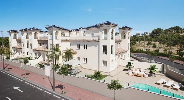 Buitenzijde van een 4-slaapkamer bungalow in Bigastro, Spanje, met moderne architectuur en een aangelegde tuin.