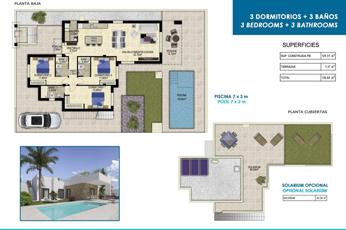Plattegrond van een 3-slaapkamer villa in Polop, met een zwembad, optioneel solarium en gedetailleerde indeling van kamers.