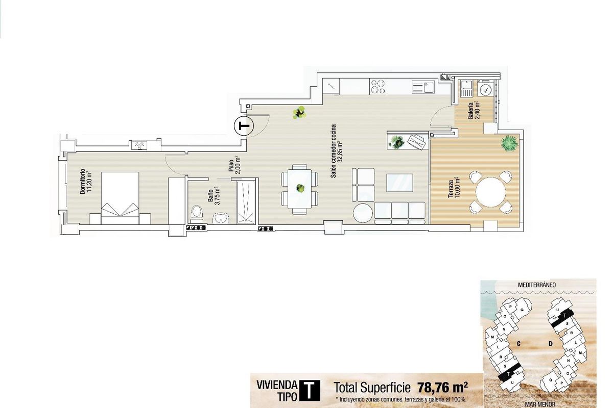 Plattegrond van een 1-slaapkamer appartement in La Manga del Mar Menor, met indeling en kamerverdeling.