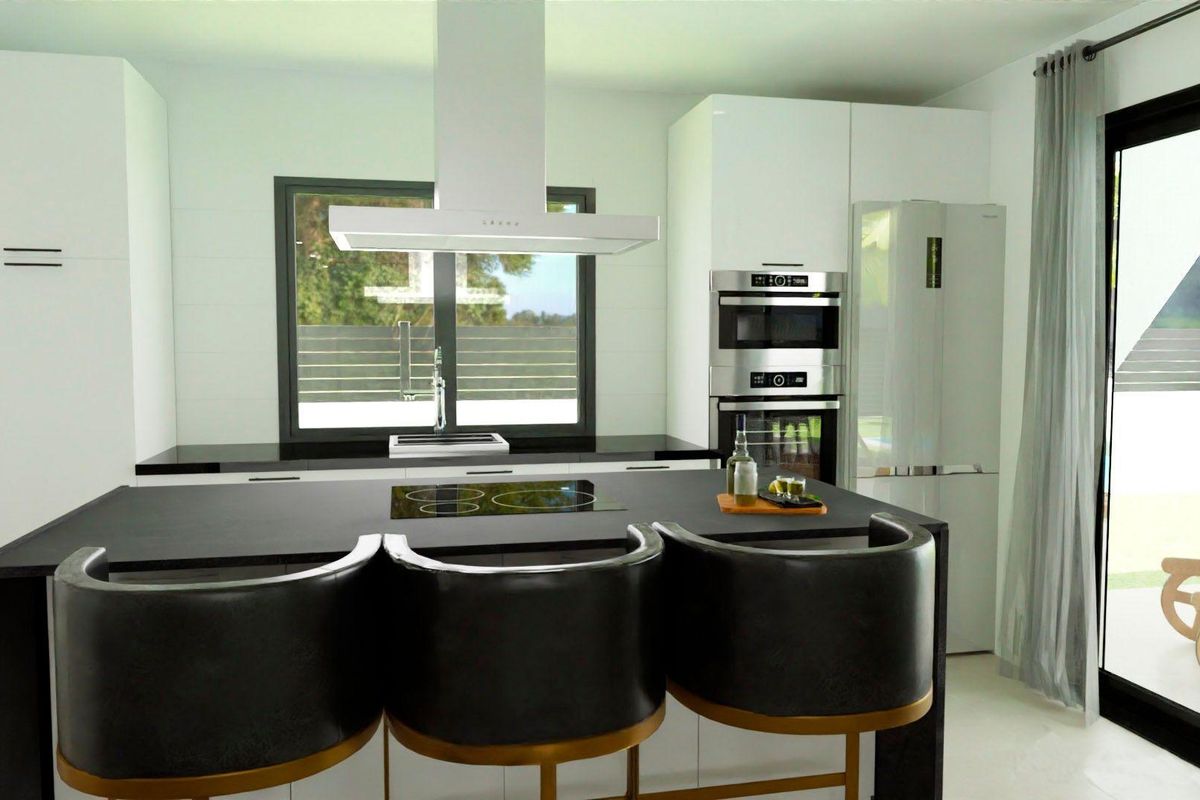 Modern kitchen area with an island and dining space in a 3-bed villa, located in Monforte del Cid, Spain.