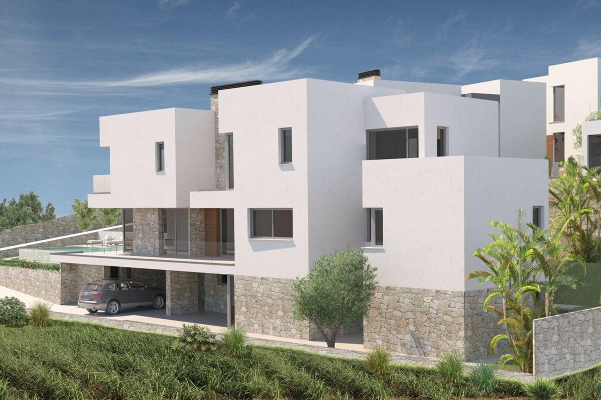 Architectonische weergave van moderne villa's in Mijas, Costa del Sol, met nadruk op elegant ontwerp.