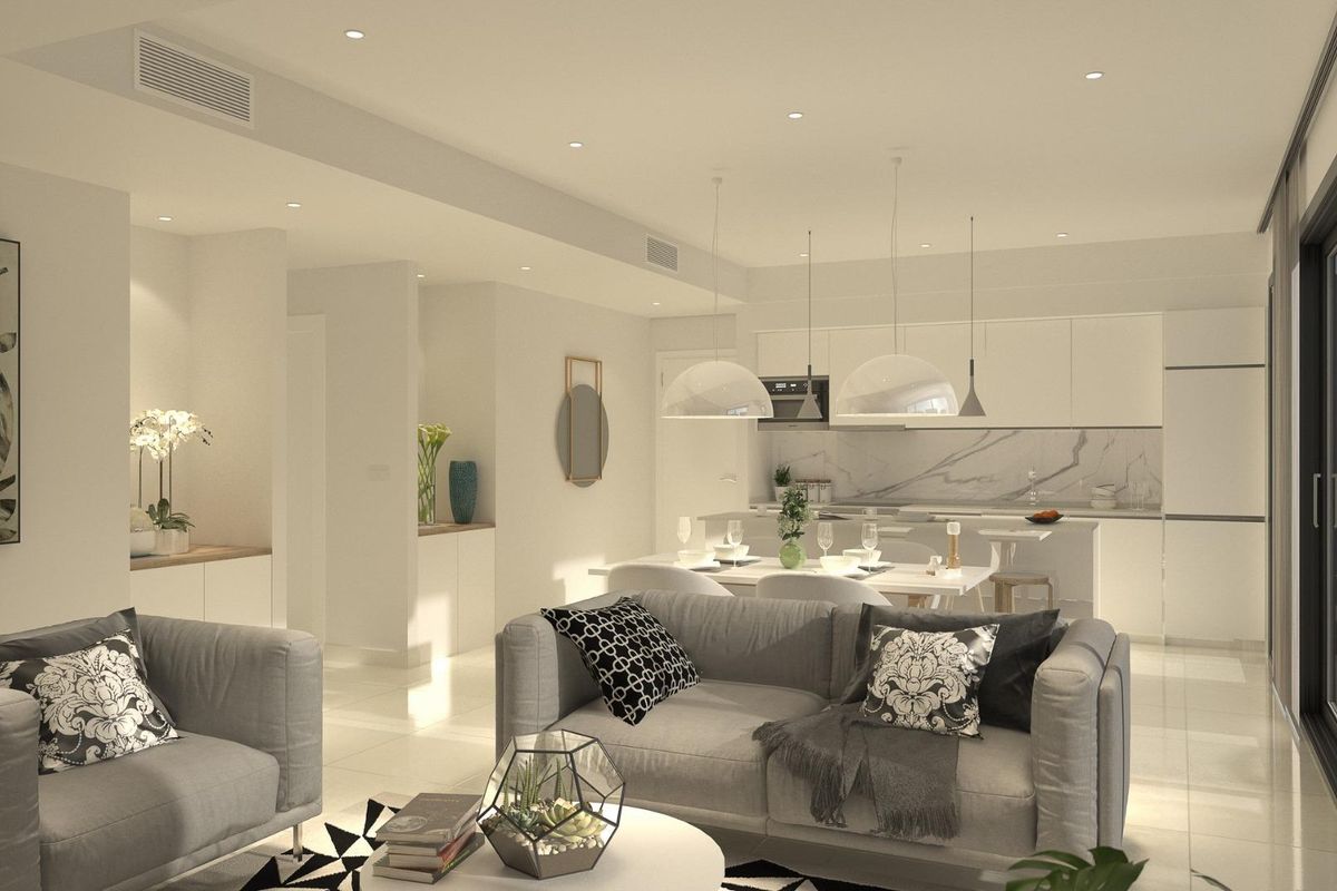 Interieur van een stijlvolle woonkamer en keuken in een 3-slaapkamer villa, Alhama De Murcia.