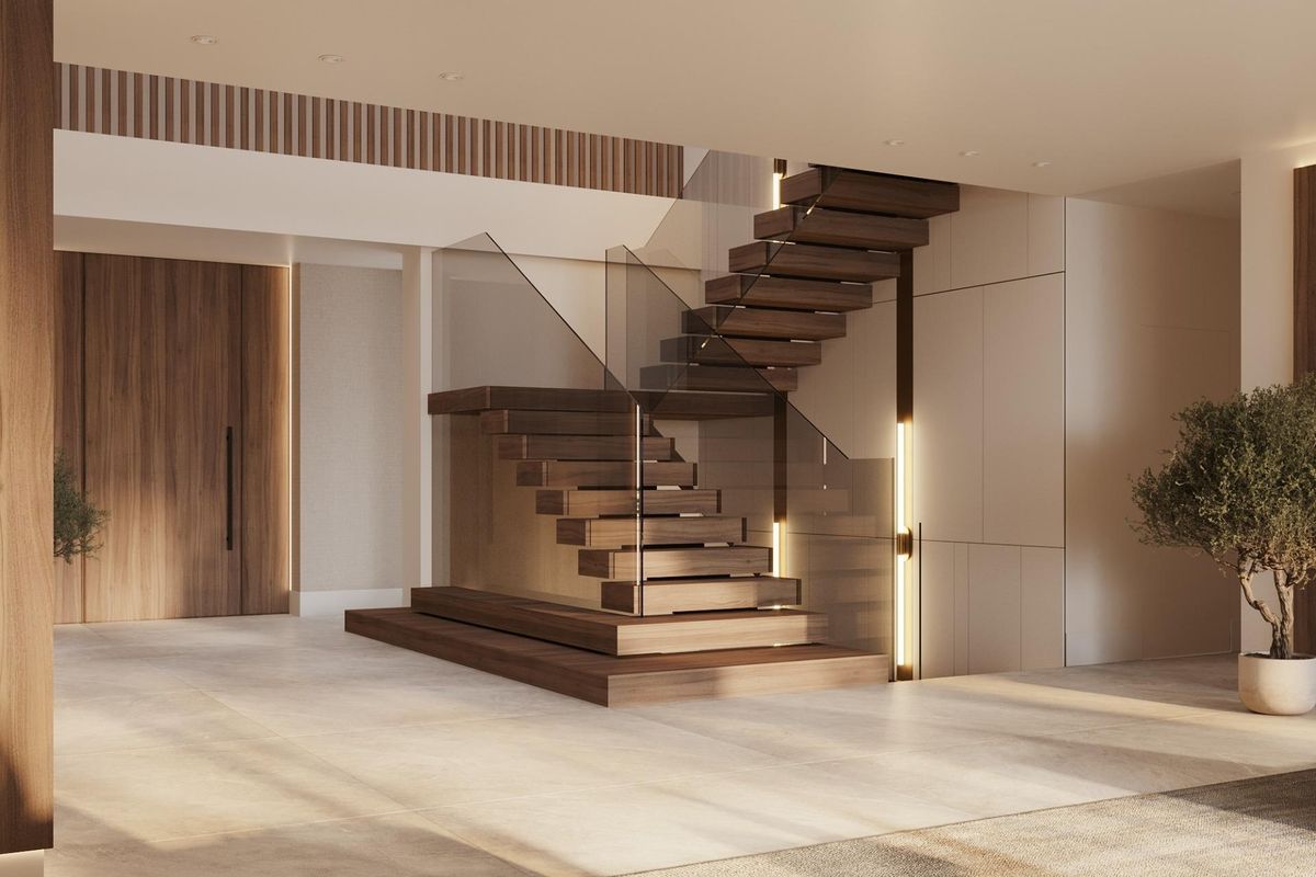 Contemporary entreehal met een houten trap in een verfijnde 5-slaapkamer villa in Benahavís, Costa del Sol.