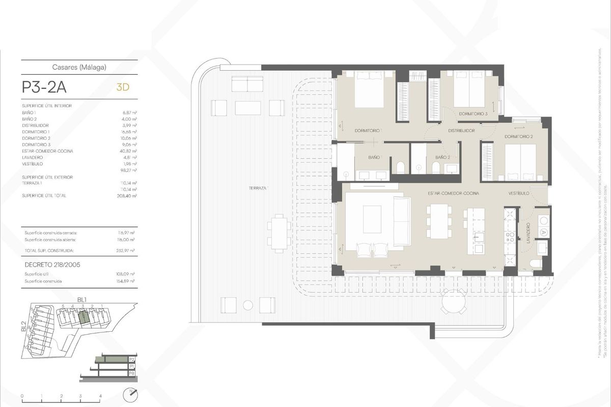 Plattegrond van een Casares-penthouse, met indeling van 3 slaapkamers, woonkamer en terras.