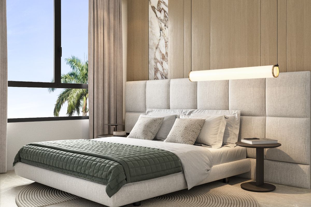 Stijlvolle slaapkamer met moderne inrichting en natuurlijk licht, met uitzicht op groen in Finestrat, Costa Blanca.