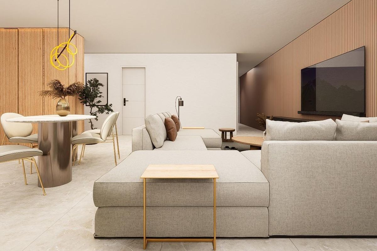 Contemporane keuken met strakke kasten en moderne apparaten in een 3-slaapkamer appartement in Pilar de La Horadada, Spanje.