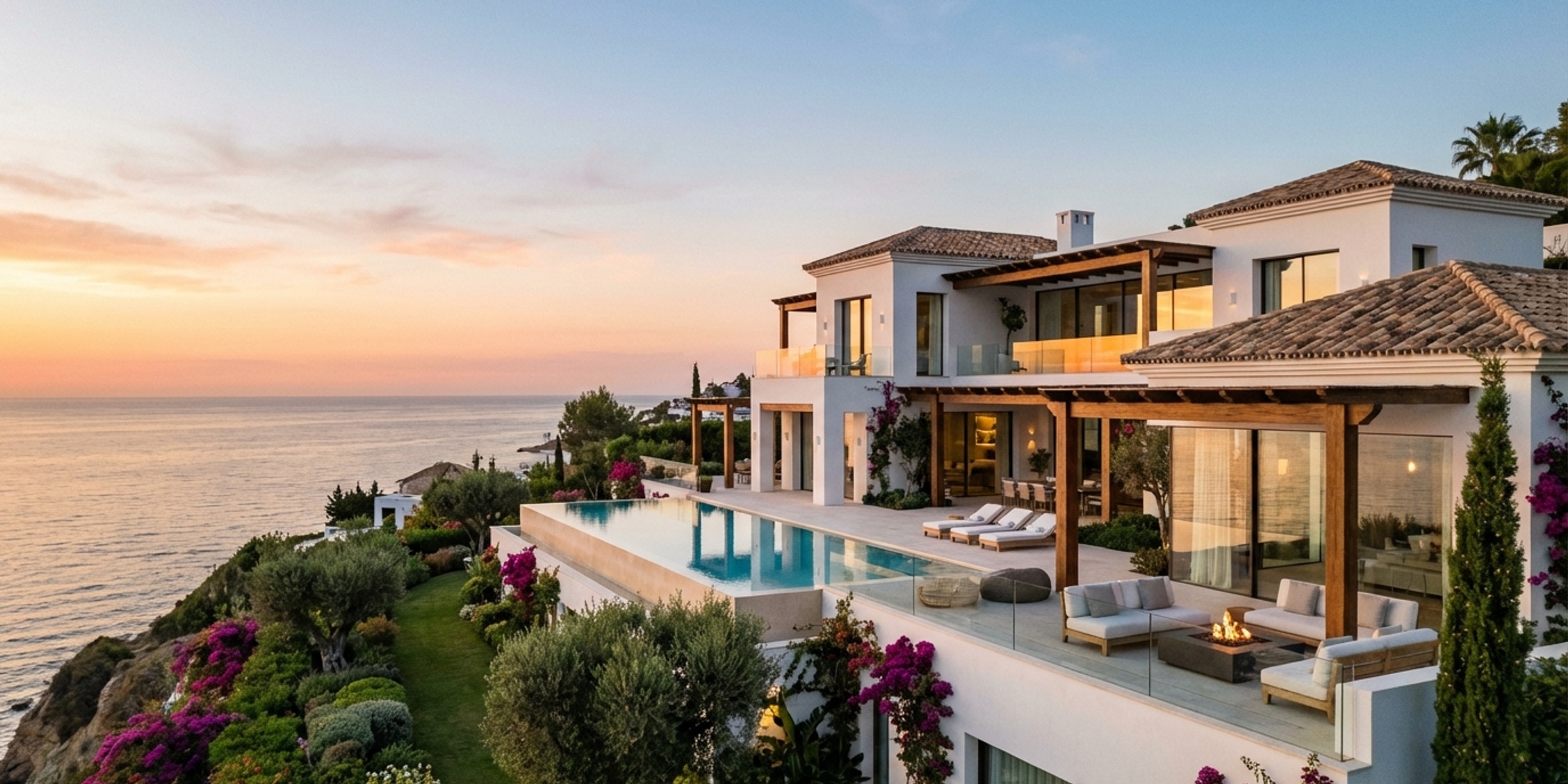A luxurious Spanish coastal villa overlooking the Mediterranean Sea at sunset