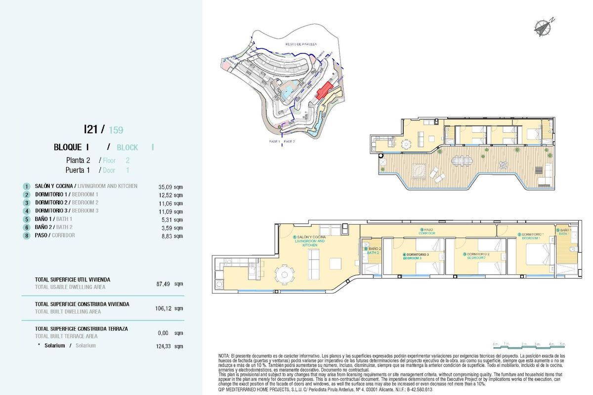 Gedetailleerde plattegrond van een 3-slaapkamer penthouse gelegen in Aguilas, Costa Calida.
