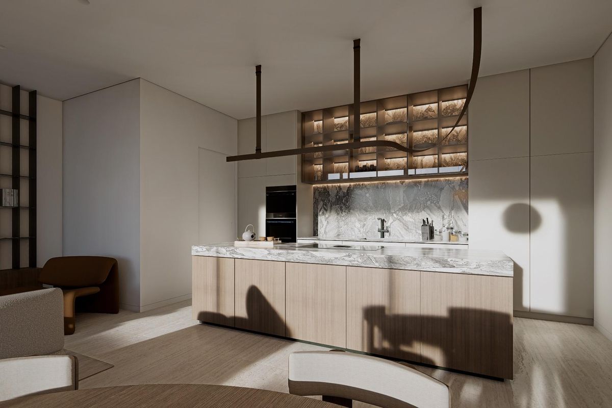 Strakke moderne keuken met marmeren werkbladen in de villa met 3 slaapkamers in Orihuela, Costa Blanca Zuid.