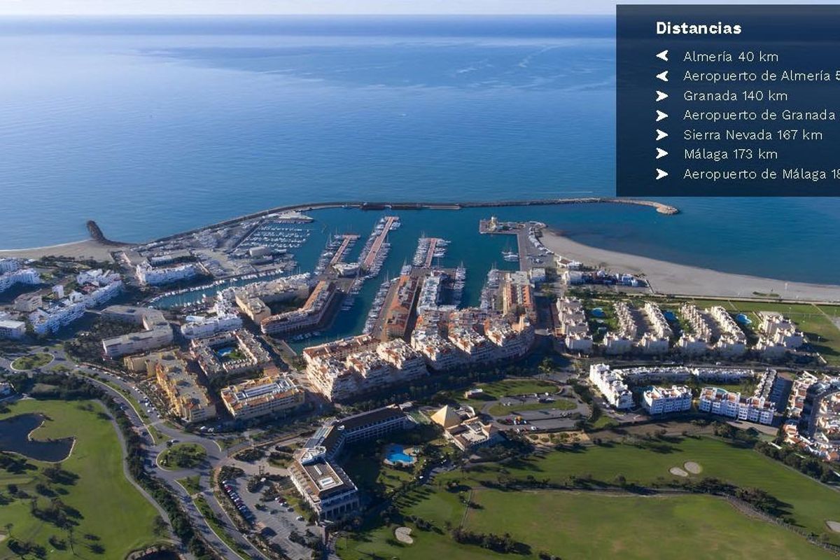 Luchtfoto van Almerimar met afstand tot nabijgelegen attracties en de kust.