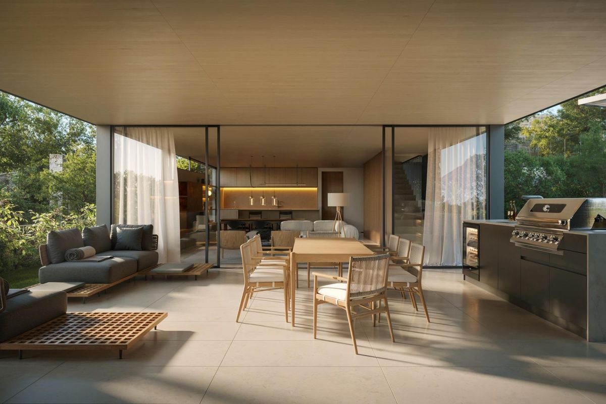 Contemporary eetruimte en open keuken in de 4-slaapkamer villa in Marbella, ontworpen voor sociale bijeenkomsten.