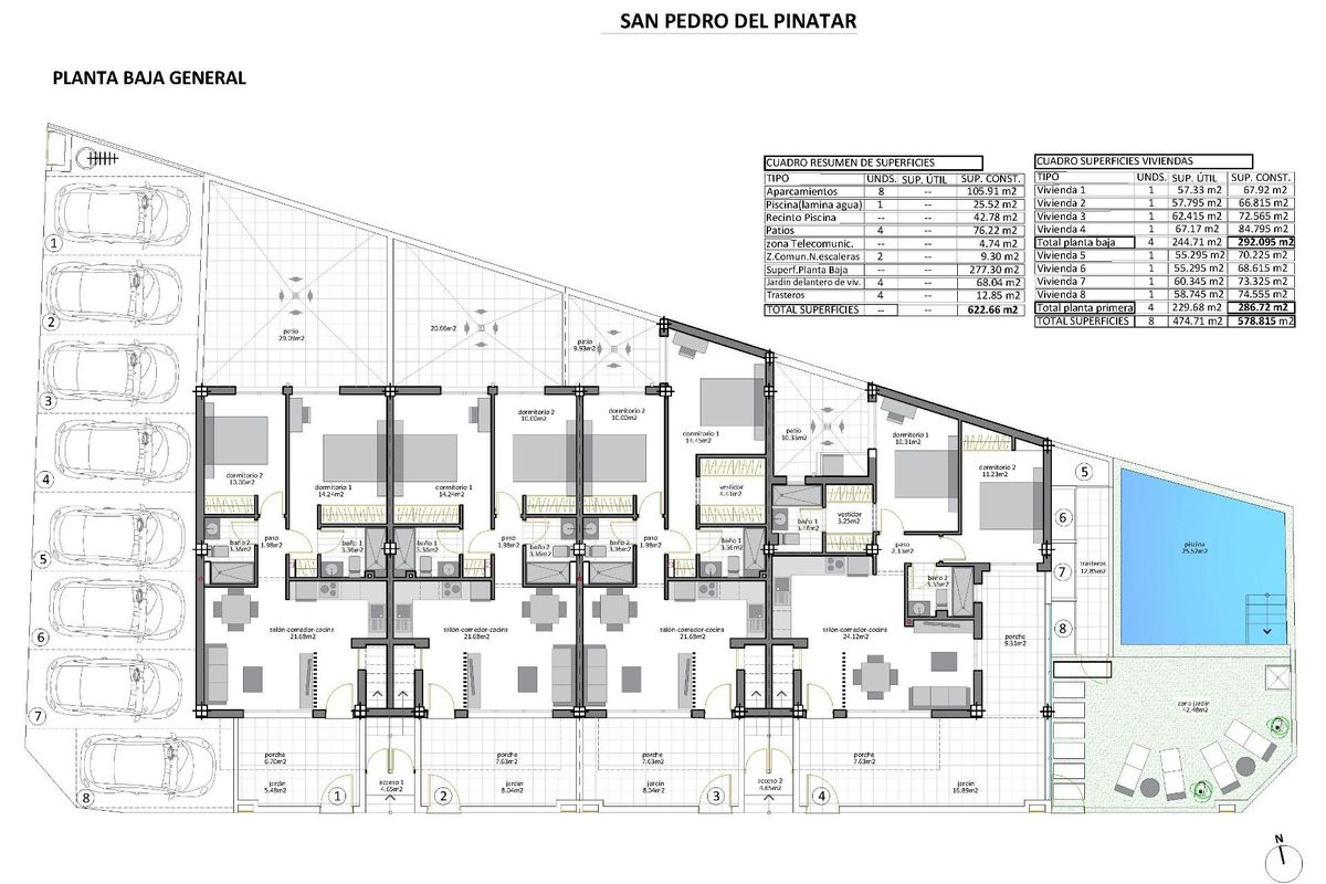 Plattegrond van de begane grond van een 2-slaapkamer appartement in San Pedro del Pinatar, met indeling en afmetingen.