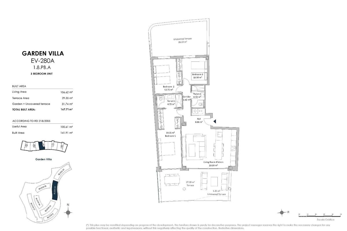 Plattegrond van een 3-slaapkamer appartement op de begane grond, met een moderne indeling en utiliteitsruimten in Fuengirola.