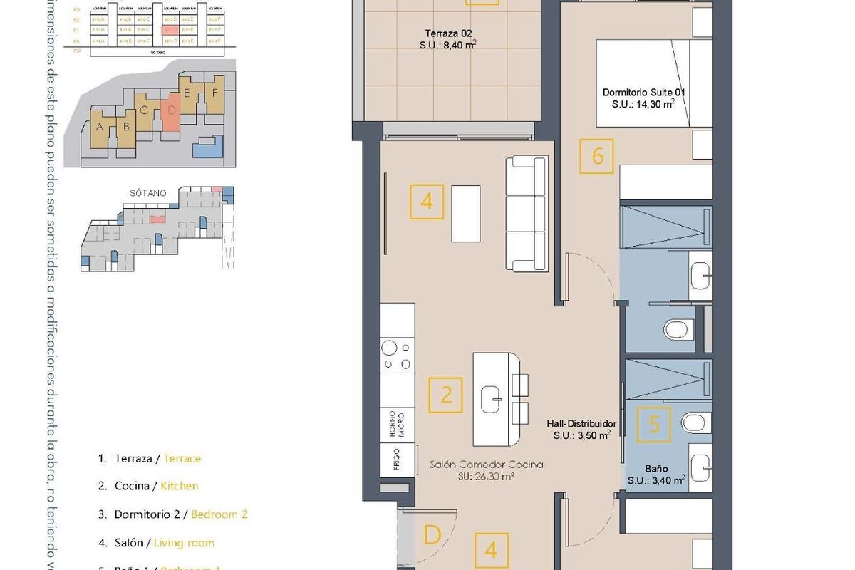 Plattegrond van een twee-slaapkamer appartement in Los Alcazares, met detailfase en indeling.