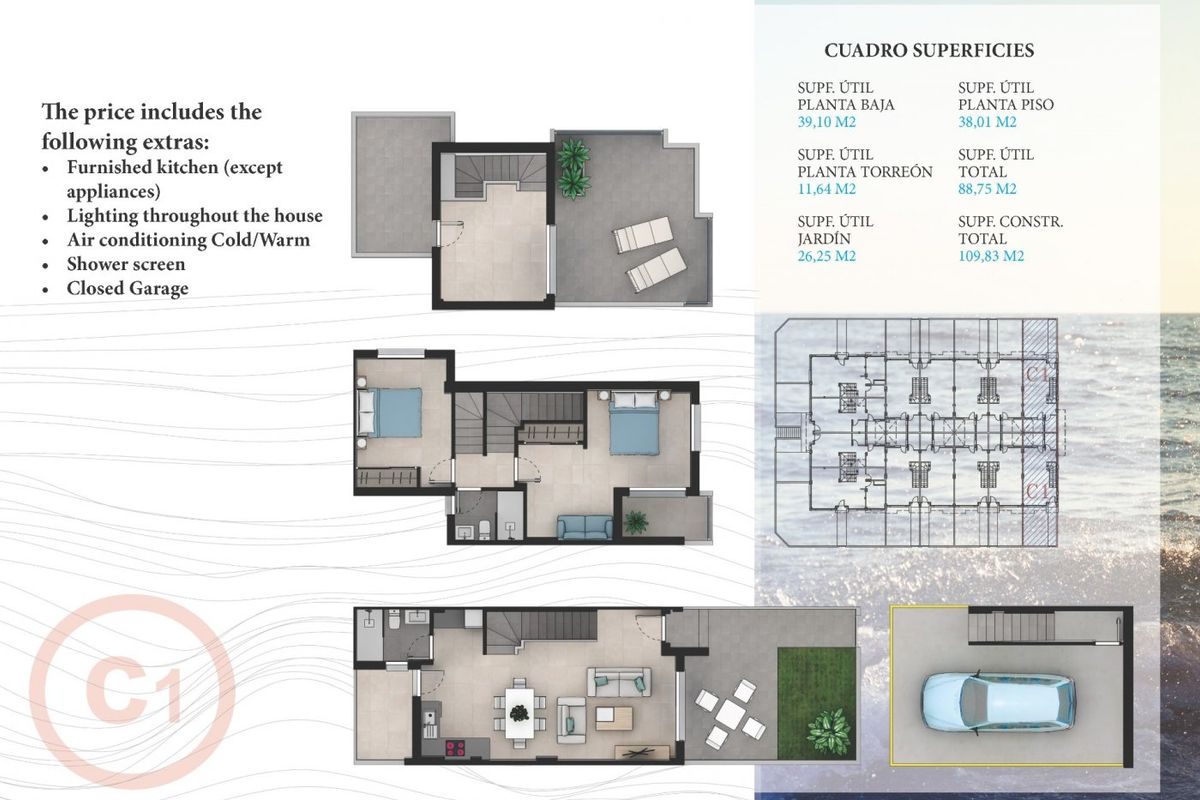 Gedetailleerde plattegrond van een 3-slaapkamer townhouse in La Manga del Mar Menor, met indeling en kenmerken.
