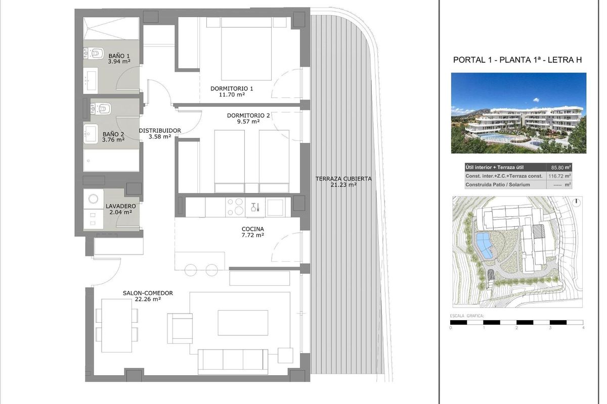 Plattegrond van een 2-slaapkamer appartement met twee badkamers, terras en keuken, gelegen in Fuengirola.