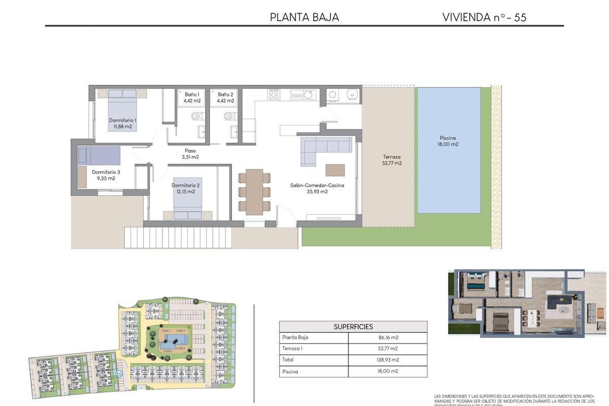 Plattegrond van een 3-slaapkamer ground floor appartement in Finestrat, met indeling en ruime opzet.