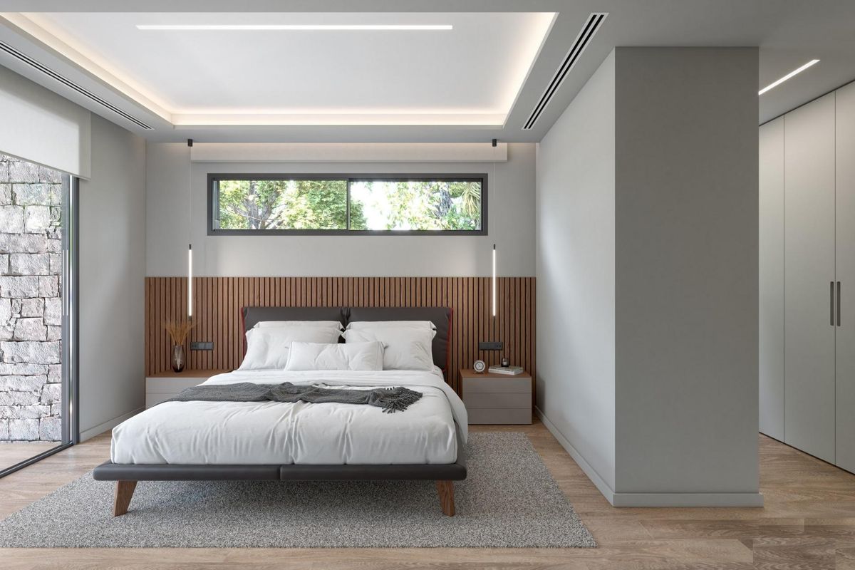 Heldere en luchtige slaapkamer in een 3-slaapkamer villa met moderne decoratie, gelegen in Torre Pacheco, Costa Calida, Spanje.