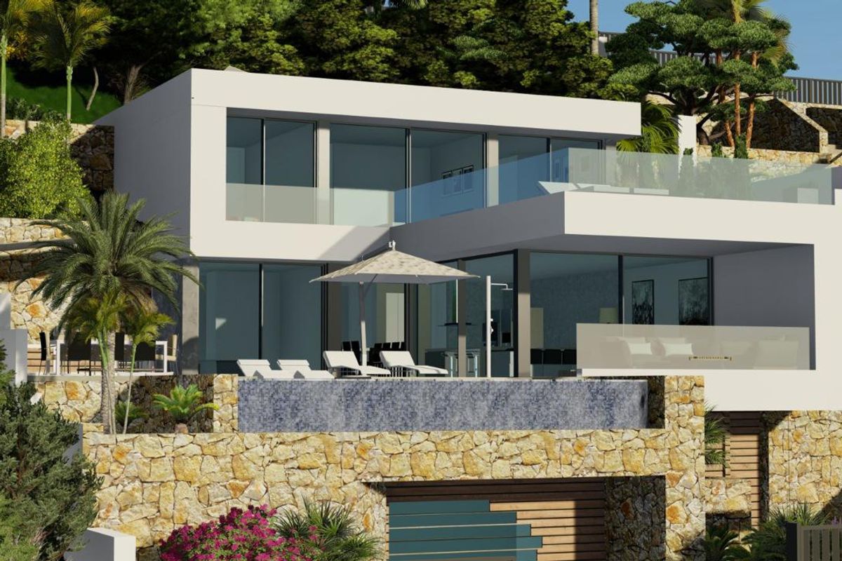 Moderne villa in Calpe, met open gebieden en hedendaags ontwerp in weelderige omgeving.