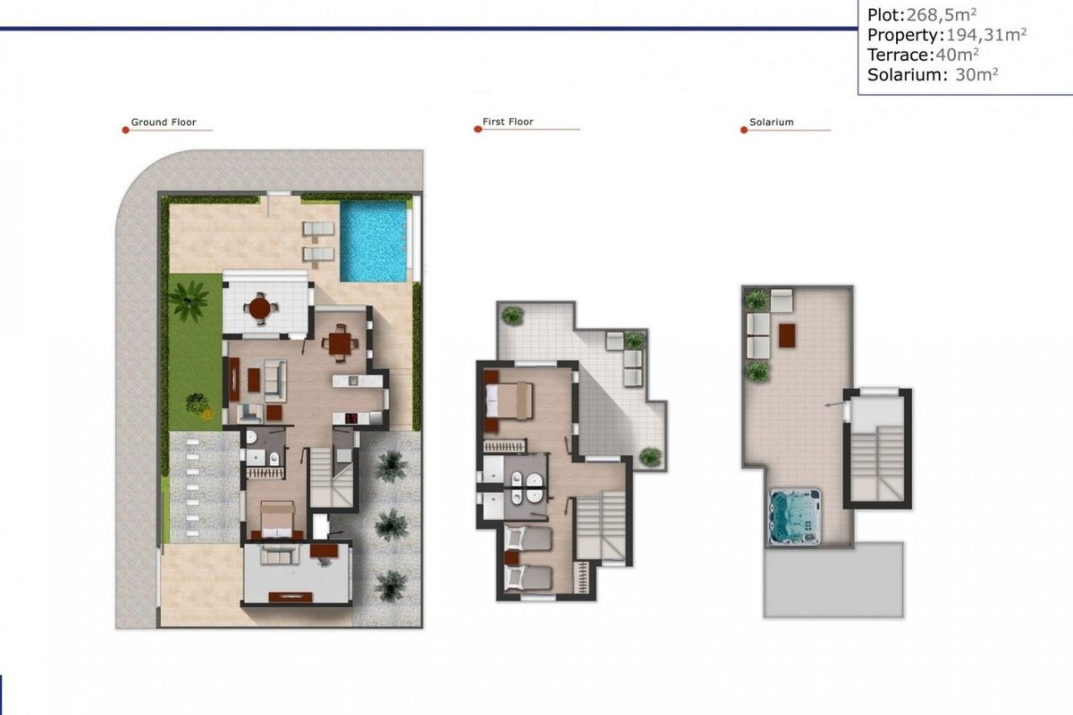 Gedetailleerde plattegrond van de 3-slaapkamer villa, met layout voor het pand in Los Alcazares.