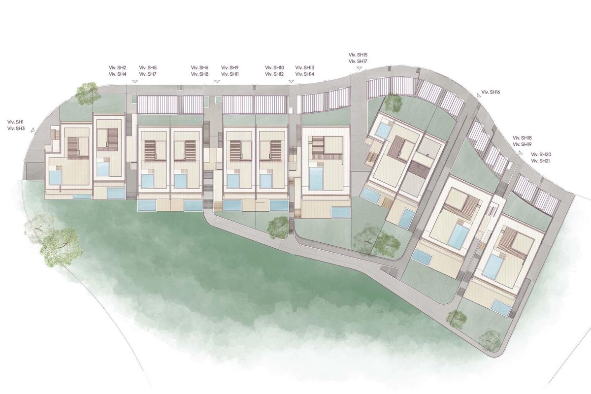 Plattegrond van het appartementcomplex in Marbella, toont de indeling en kenmerken van elke eenheid en het zwembad.