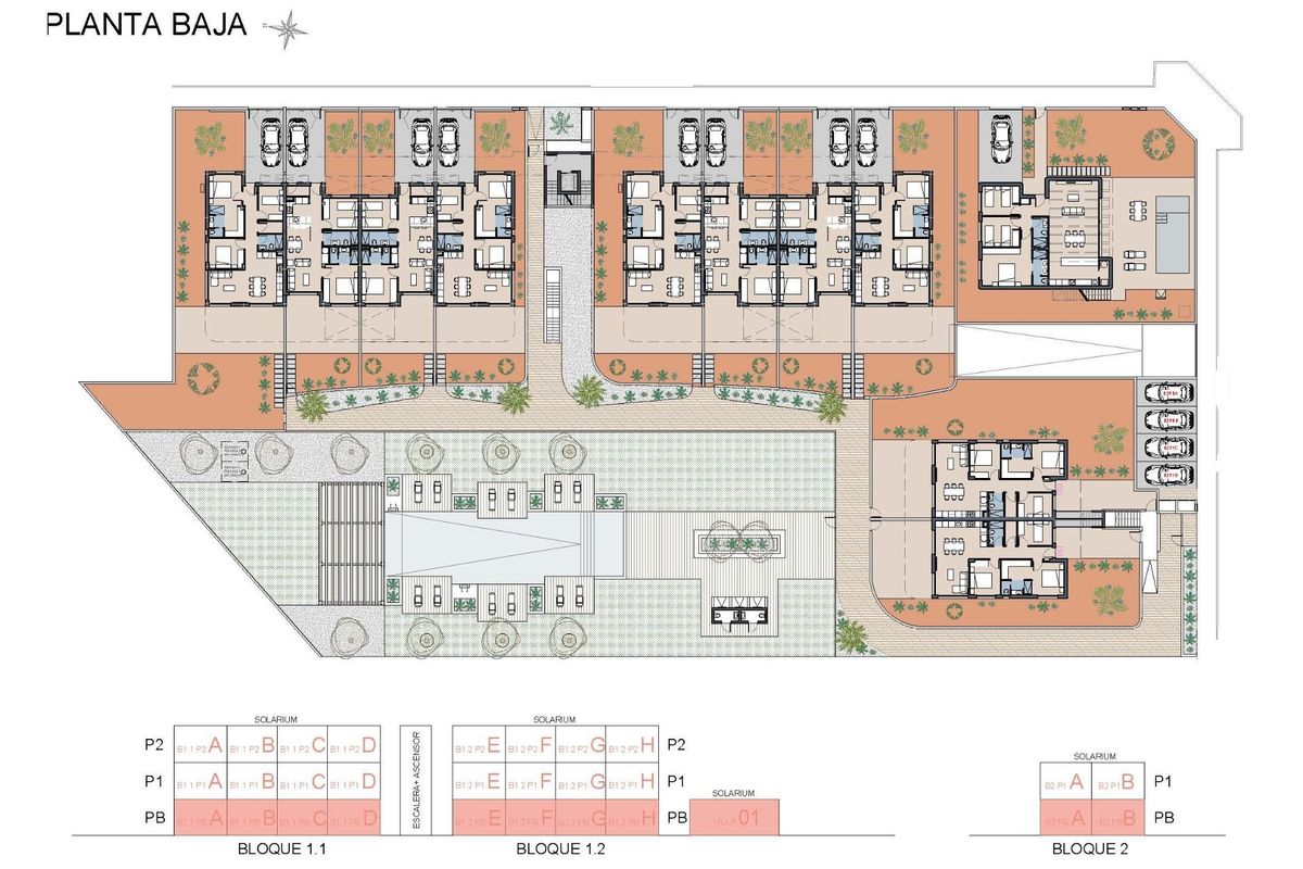 Floor plan showing multiple ground floor 3-bed apartments with parking and pool in Los Alcazares, Costa Calida, Spain.
