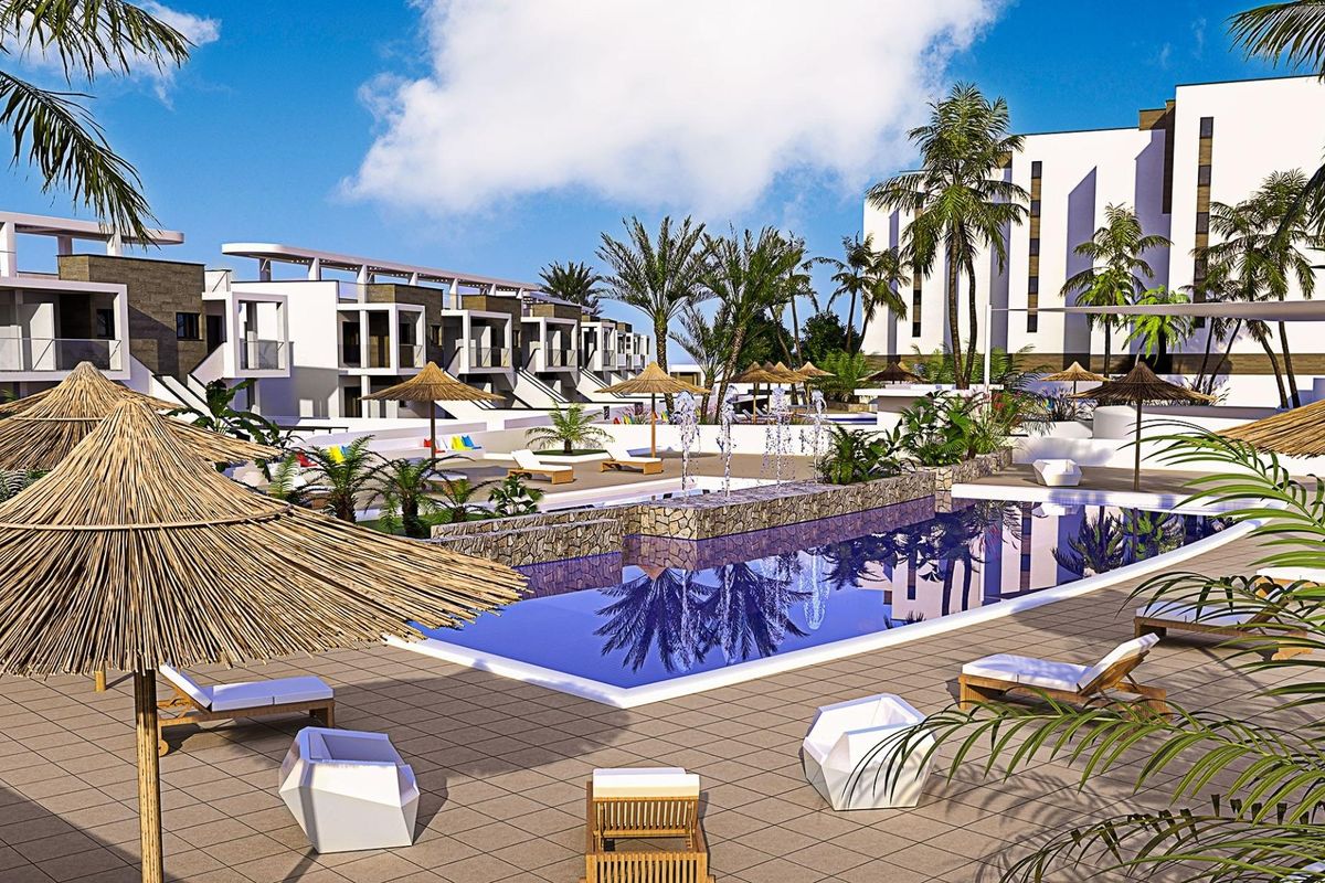 Luxueus zwembadgebied omringd door palmbomen in Pilar de La Horadada, met ligbedden en tropische beplanting.