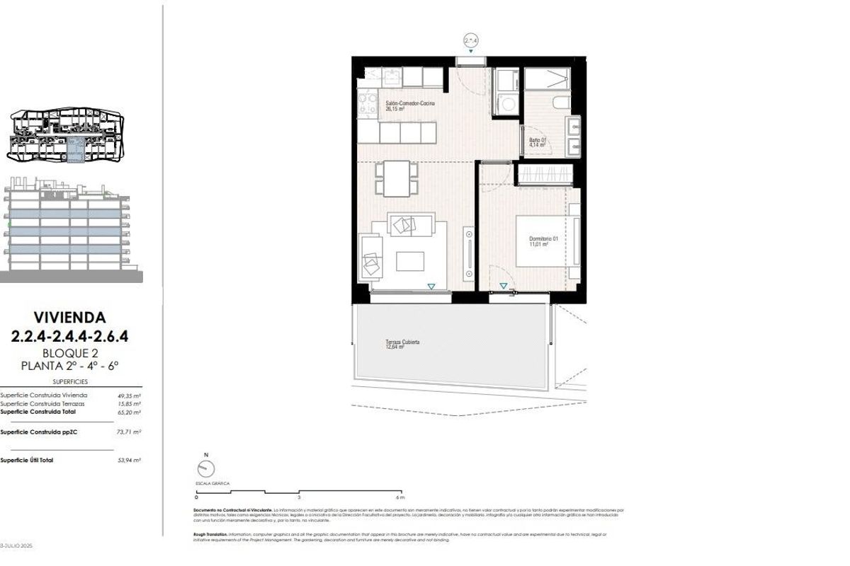 Gedetailleerde plattegrond van de indeling van een 1-slaapkamer appartement in Villajoyosa, Costa Blanca North.