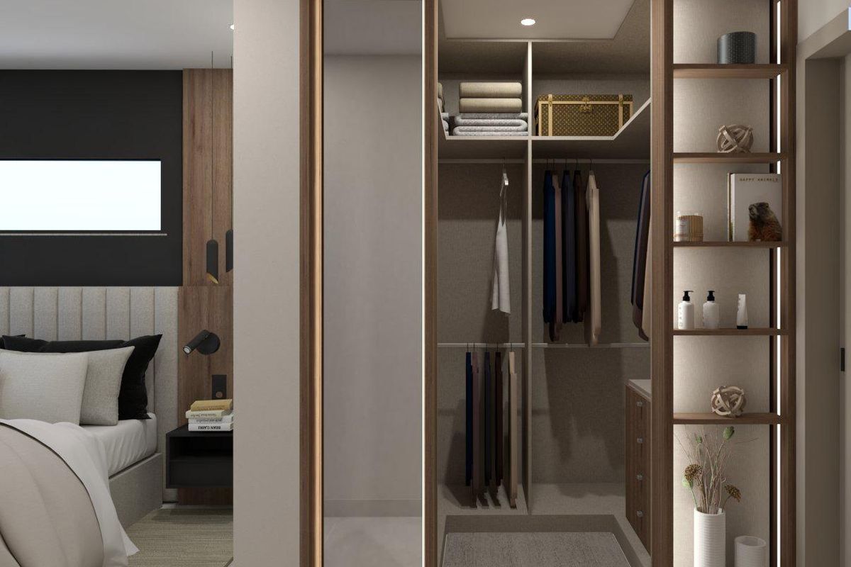 Chic walk-in closet design in a Pinoso 3-bed villa, showcasing organized shelves and modern aesthetics.