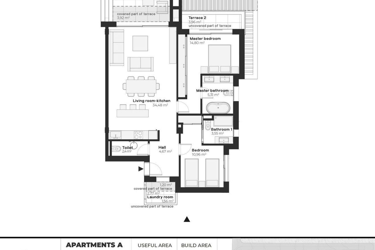 Plattegrond van een 2-slaapkamerappartement in Estepona, met de lay-out en afmetingen voor potentiële kopers.
