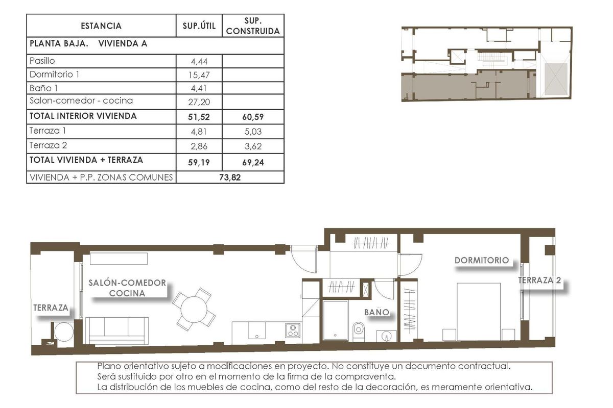 Architectonische plattegrond met gedetailleerde indeling van een 1-slaapkamer appartement in Torrevieja, inclusief voorzieningen.