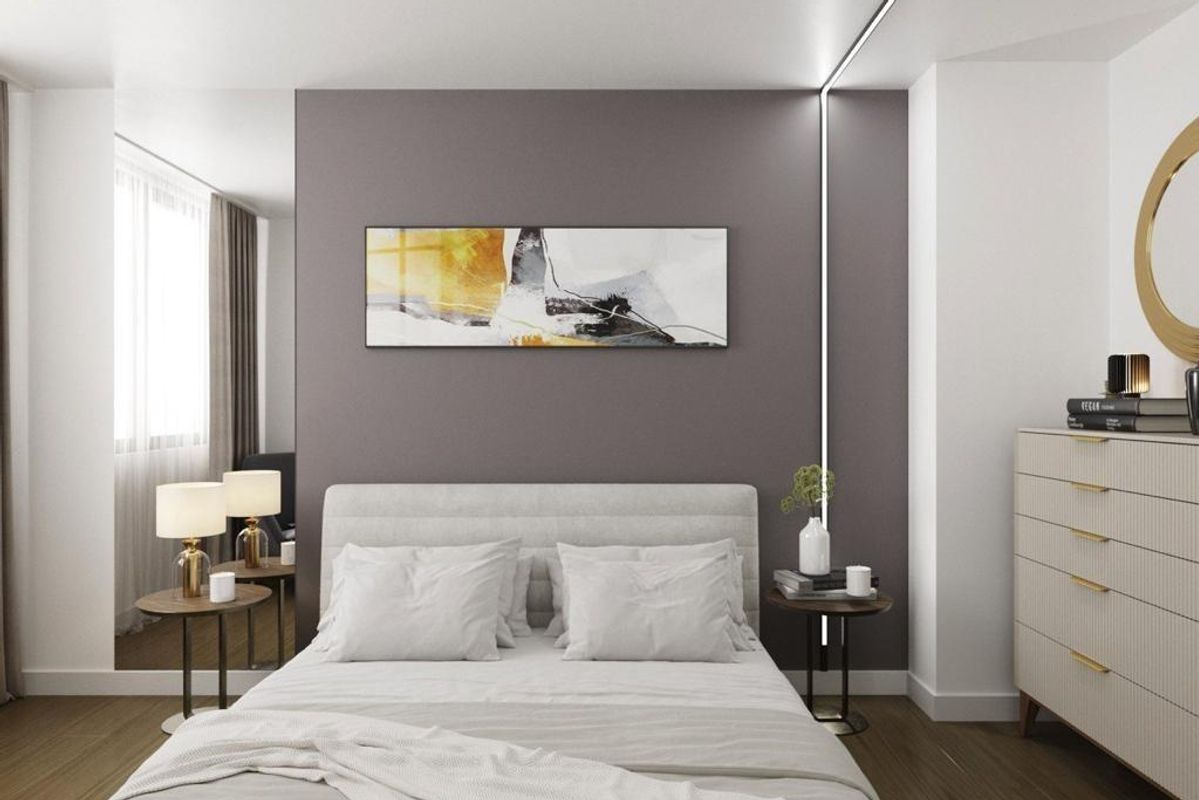 Smaakvol ingerichte slaapkamer met moderne meubels in een benedenwoning in Alicante, Costa Blanca Zuid.