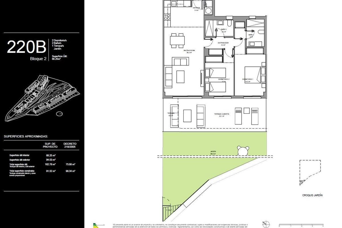 Plattegrond van een 2-slaapkamer appartement in Mijas, Costa del Sol, met kamers en ruimtes.