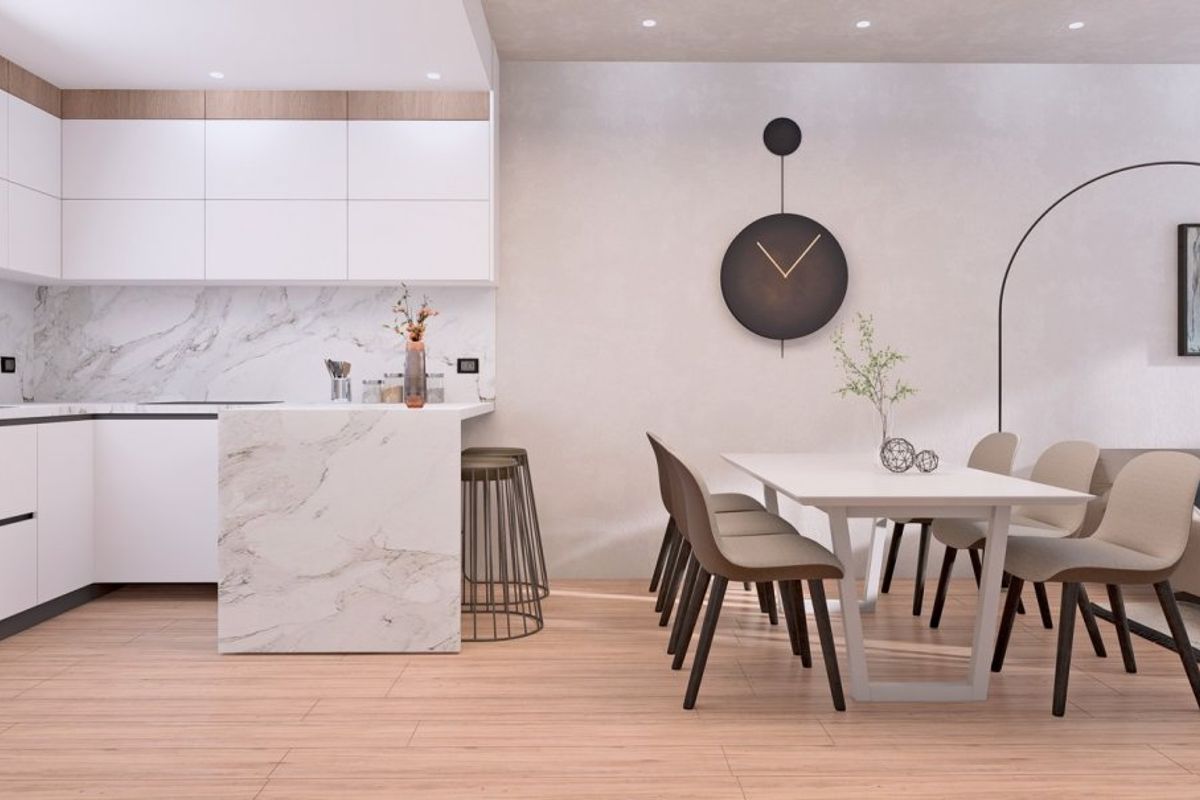 Moderne keuken en eetruimte met strakke kasten in een 2-slaapkamer bungalow in Torrevieja.