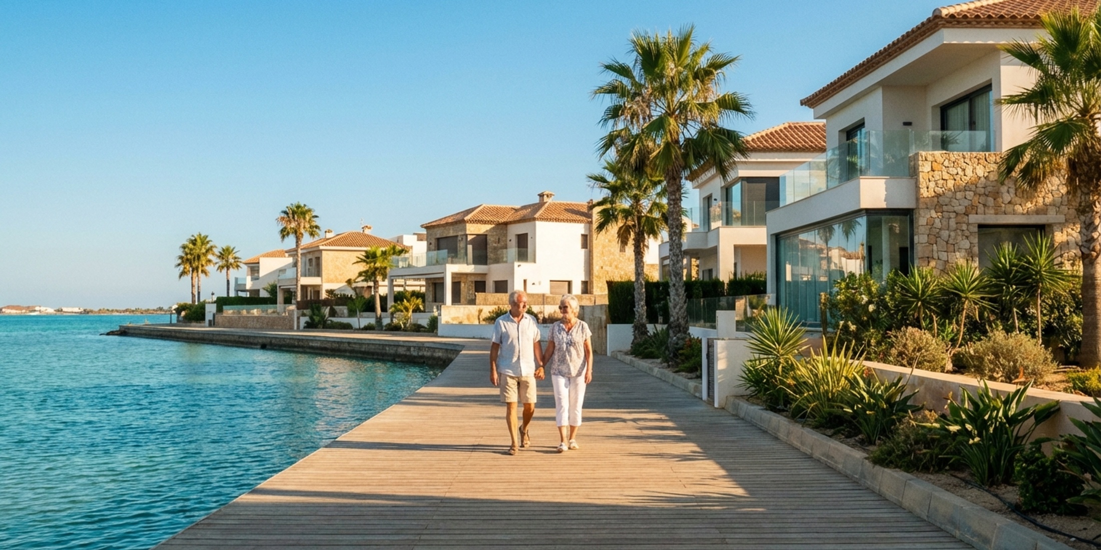 Ouder stel wandelt op de zonnige boulevard van Mar Menor, Murcia
