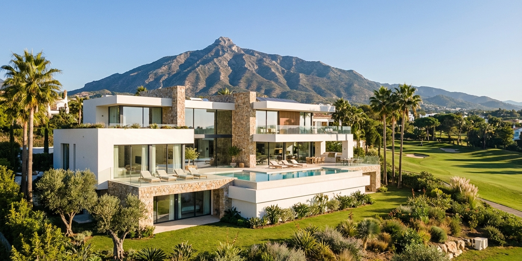 Panoramisch uitzicht op een moderne luxe villa met uitzicht op een golfbaan in Marbella met de La Concha berg op de achtergrond
