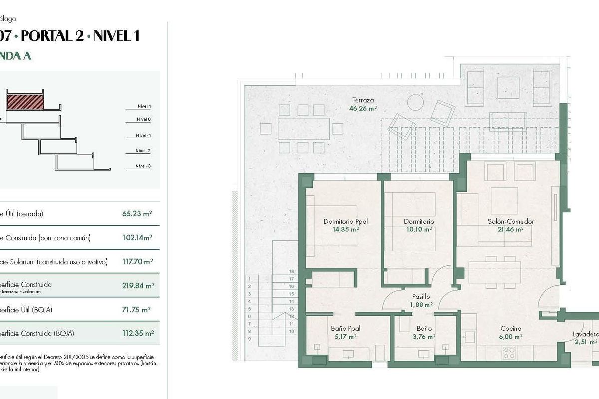 Plattegrond van een 2-slaapkamer penthouse in Mijas, met ruime kamers en buitenruimtes.