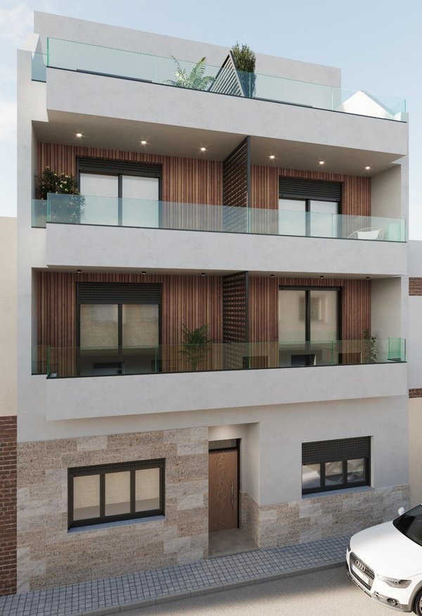 Modern appartement exterieur met drie verdiepingen, gelegen in Torrevieja, Costa Blanca Zuid, Spanje.