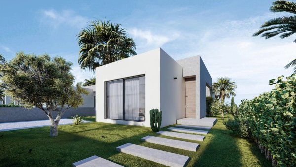 Modern 2-bed villa exterior in Baños y Mendigo, featuring a landscaped garden and palm trees.