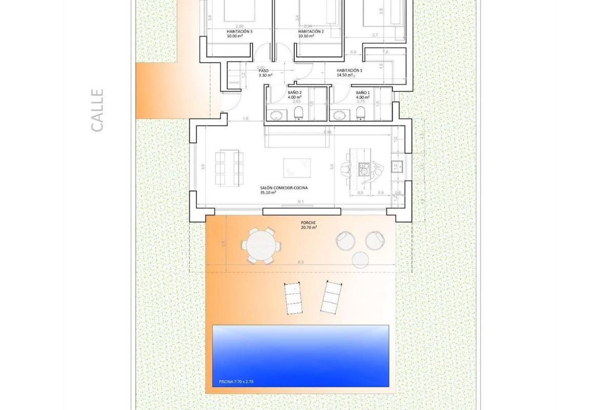 Floor plan of the 3-bed villa in Monforte del Cid, detailing rooms and outdoor space usage.