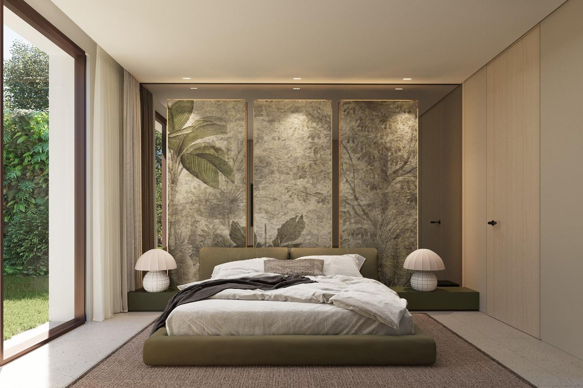 Gezellige gastenkamer in een villa in Marbella, met natuur geïnspireerde decoratie en een ontspannen sfeer.