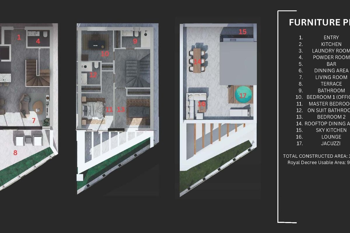 Plattegrond van een herenhuis met 3 slaapkamers in Mijas, Spanje, met een dakterras met jacuzzi en sky keuken.