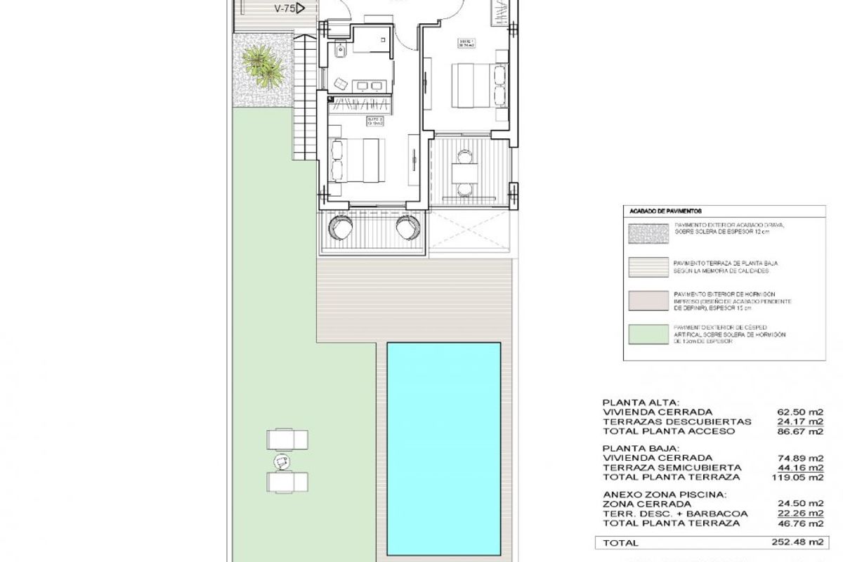 Floorplan of a 4-bed villa in Finestrat, Costa Blanca, showing the layout of the rooms, pool, terrace and garden areas.