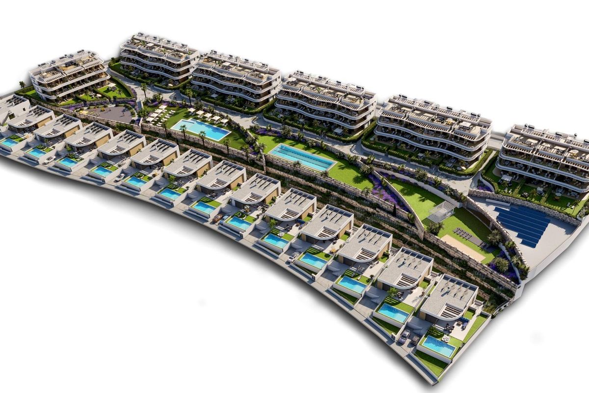 3D-weergave van een moderne wooncomplex met zwembaden en tuinen in Finestrat, Costa Blanca Noord.