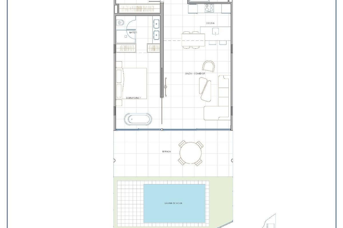 Plattegrond van een 2-slaapkamer appartement in Fuengirola, toont indeling met tuin en zwembadgebied.